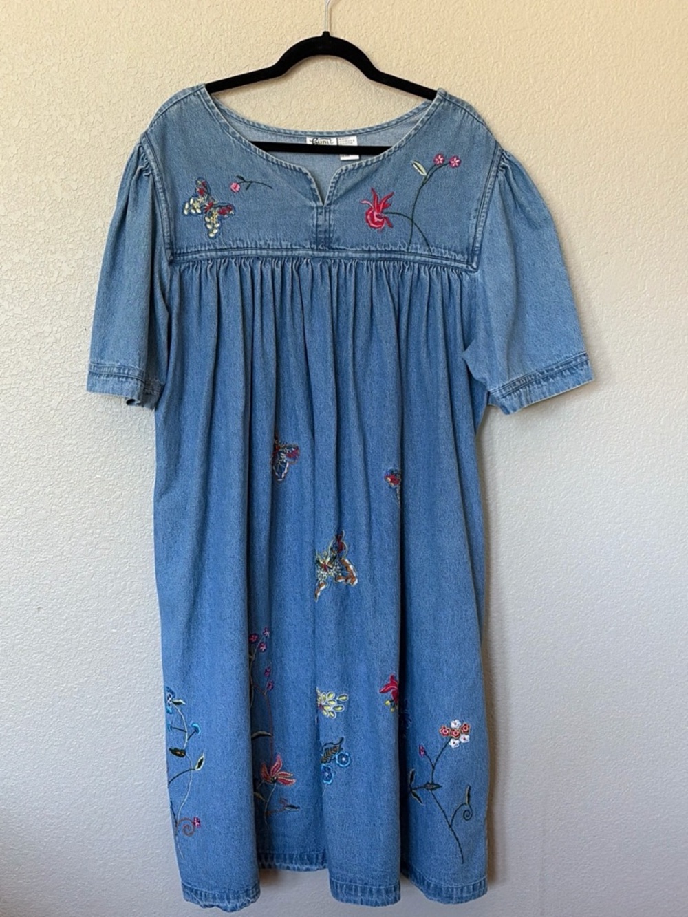 VINTAGE G UNIT MIDI DENIM DRESS FLOWER EMBROIDERED SIZE 1X